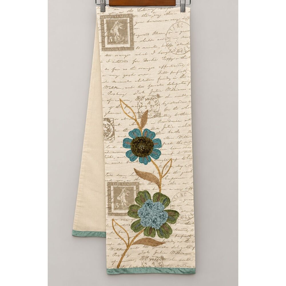 Pier 1 Imports 72x13 Embroidered Floral Table Runner Teal Cottagecore Decor